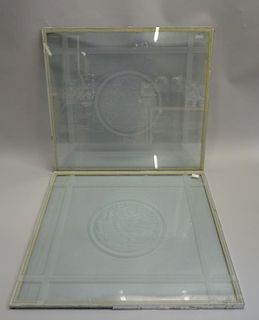 Pair of acid etched glass panels. 53 x 57cm
