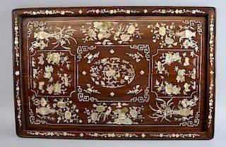 19th century Chinese  rosewood and mother of pearl inlaid tray 62cm x 40cm