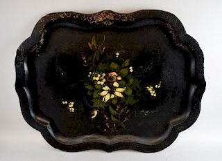 19th century Papier Mache tray decorated flowers 59cm x 79cm