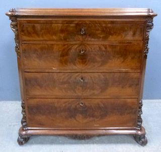 19th century mahogany Continental chest of four drawers on scrolled feet, 82cm x 87cm