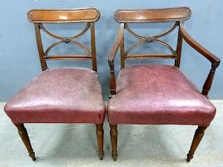 Set of six 19th century mahogany bar back dining chairs with padded seats on turned legs, (4+2),