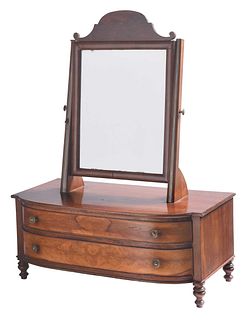 Fine New England Federal Flame Birch and Mahogany Bow Front Shaving Mirror