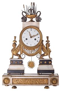 Egyptian Revival Marble and Gilt Bronze Mounted Mantel Clock