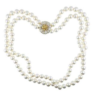 18k Gold Fancy White Diamond Pearl Two Strand Necklace 