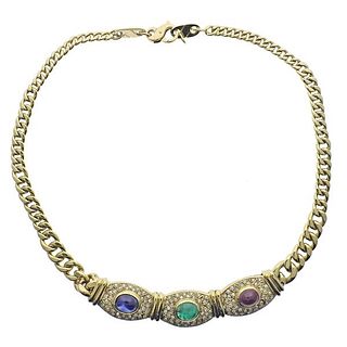 18k Gold Ruby Sapphire Emerald Diamond Necklace