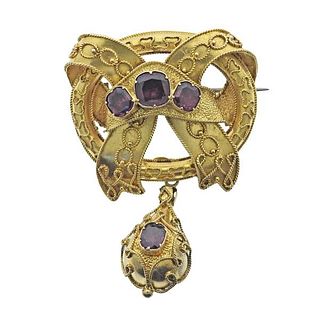 Antique Victorian 18k Gold Garnet Brooch Pin
