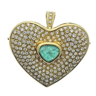18k Gold Diamond Emerald Heart Brooch Pendant