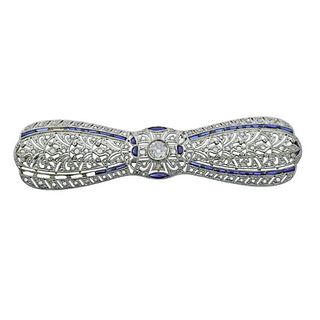 Art Deco Filigree 18k Gold Diamond Sapphire Bow Brooch Pin