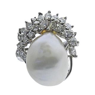 Platinum Diamond Baroque Pearl Cocktail Ring