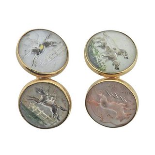 Antique 14k Gold Reverse Painting Crystal Cufflinks