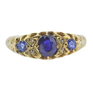 Antique English 18k Gold Diamond Sapphire Ring