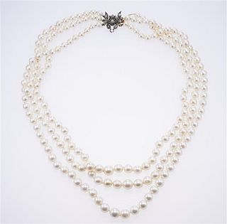 Antique 14k Gold Silver Diamond Pearl 3 Strand Necklace