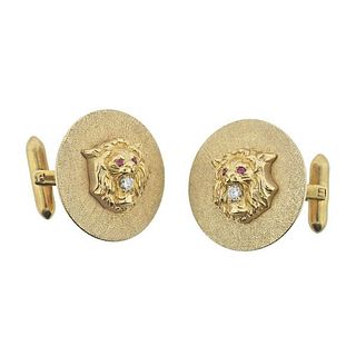Antique 14k Gold Lion Diamond Ruby Cufflinks