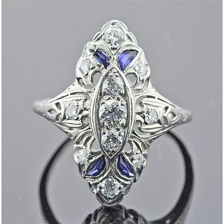 Art Deco Platinum Gold Diamond Sapphire Ring