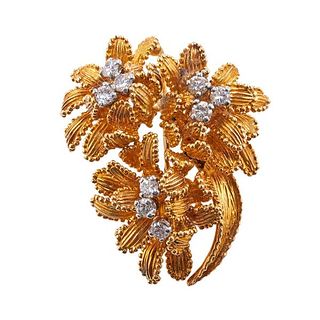 1960s 18k Gold Diamond Flower Brooch Pendant