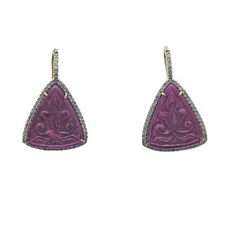 27.31ctw Carved Ruby Diamond Silver Gold Earrings