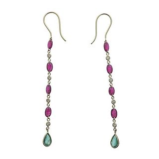 18k Gold Diamond Ruby Emerald Drop Earrings