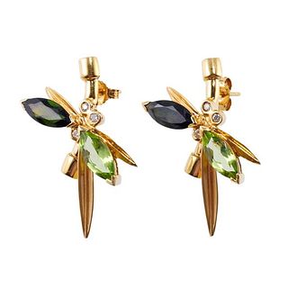 Vianna Brasil 18k Gold Tourmaline Peridot Diamond Dragonfly Earrings