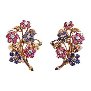 Ernst Paltscho 18k Gold Ruby Sapphire Diamond Flower Earrings