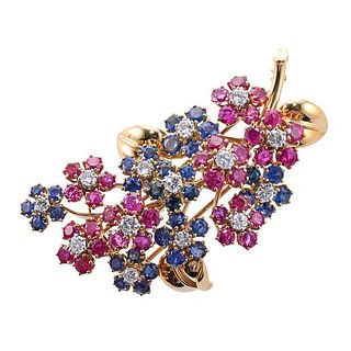 Ernst  Paltscho 18k Gold Diamond Ruby Sapphire Flower Brooch
