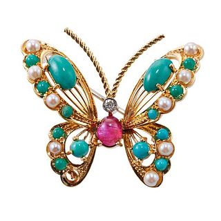 18k Gold Pearl Diamond Ruby Turquoise Butterfly Brooch