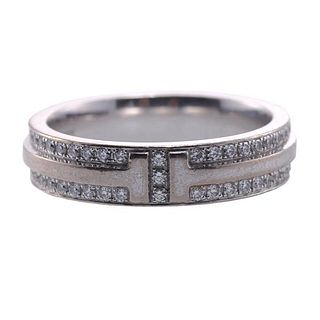 Tiffany &amp; Co T Narrow Pave Diamond 18k Gold Wedding Band Ring