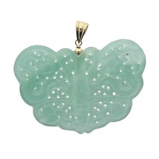 14k Gold Carved Jade Butterfly Pendant