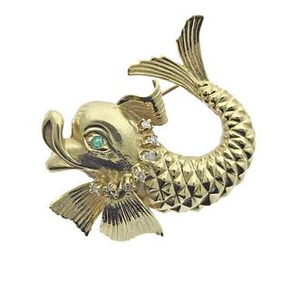 14k Gold Emerald Diamond Fish Brooch Pin