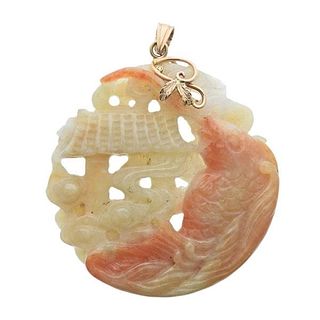 14k Gold Carved Jade Koi Fish Pendant