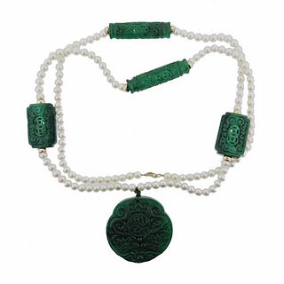 14k Gold Pearl Carved Jade Pendant Necklace 