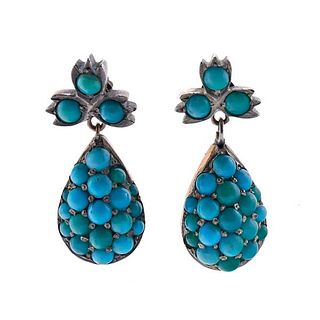 Antique 9k Gold Silver Turquoise Drop Earrings