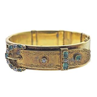 Antique Victorian 14k Gold Diamond Emerald Buckle Bracelet