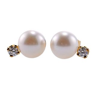 18k Gold Diamond Pearl Stud Earrings