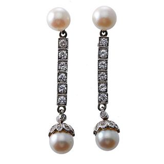 Platinum 14k Gold Diamond Pearl Drop Earrings