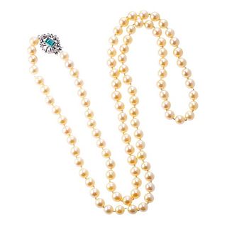 Platinum Diamond Emerald Pearl Necklace