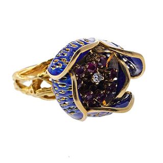 18k Gold Diamond Ruby Enamel Flower Ring
