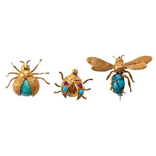 18k Gold Ruby Turquoise Insect Bee Brooch Pin Lot of 3