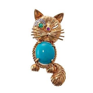 1960s 18k Gold Diamond Turquoise Ruby Emerald Cat Brooch 