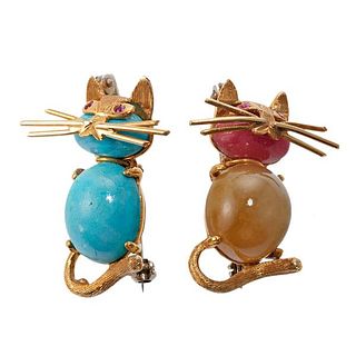 1960s 18k Gold Diamond Turquoise Ruby Cat Brooch Lot of 2