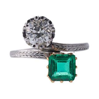 Platinum Gold Diamond Synthetic Emerald Bypass Ring