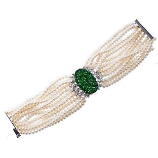 Certified Carved A Jadeite Jade Platinum Diamond Pearl Bracelet