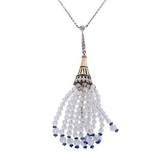Midcentury Gold Crystal Sapphire Diamond Tassel Pendant Necklace