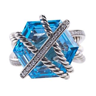 David Yurman Silver Diamond Topaz Cable Wrap Ring