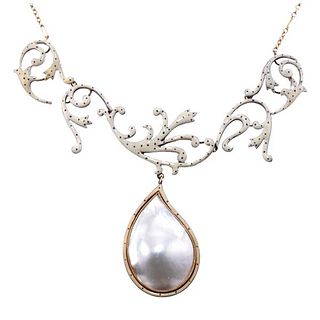 Antique Victorian 9k Gold Enamel Pearl Necklace