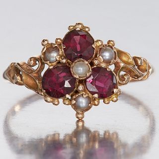 VICTORIAN GARNET AND PEARL CLUSTER RING