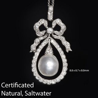 STUNNING BELLE EPOQUE CERTIFICATED NATURAL SALTWATER PEARL AND DIAMOND PENDANT NECKLACE