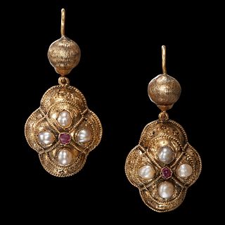 PAIR OF GOLD RUBY AND PEARL EARRINGS