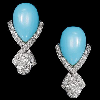 ATTRACTIVE PAIR OF TURQUOISE AND DIAMOND DROP EARRINGS