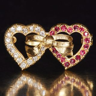 RUBY AND DIAMOND DOUBLE HEART BROOCH