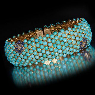 STUNNING AND ATTRACTIVE RETRO TURQUOISE SAPPHIRE AND DIAMOND WIDE BRACELET